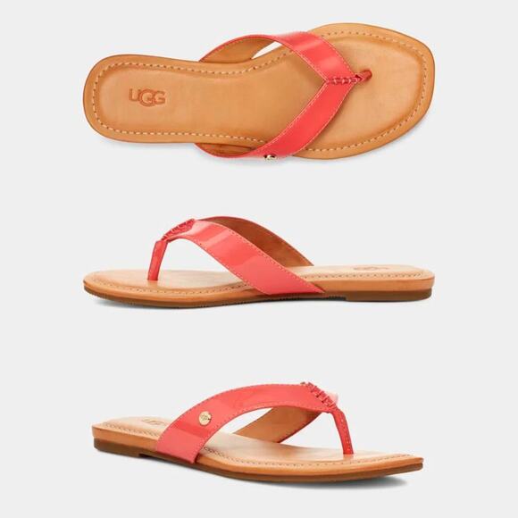 Ugg NWOB Tuolumne Coral Patent Leather Cushioned Summer Flip Flop Sandals - Picture 1 of 11